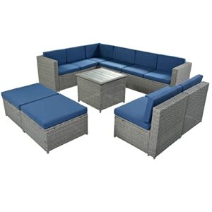 9 Piece Rattan Sectional Seating Group with Cushions and Ottoman, Patio Furniture Sets, Outdoor Wicker Sectional, Grey Ratten+Blue Cushions