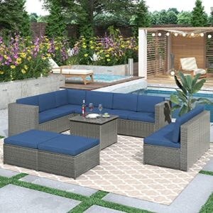 9 Piece Rattan Sectional Seating Group with Cushions and Ottoman, Patio Furniture Sets, Outdoor Wicker Sectional, Grey Ratten+Blue Cushions