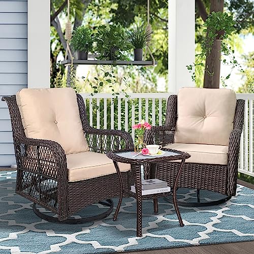 Outdoor Bistro Set 3 Pieces, Outdoor Resin Wicker Swivel Rocker Patio Chair, 360-Degree Swivel Rocking Chairs and Tempered Glass Top Side Coffee Table, Outdoor Rattan Conversation Sets (Khaki)