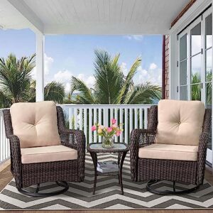 outdoor bistro set 3 pieces, outdoor resin wicker swivel rocker patio chair, 360-degree swivel rocking chairs and tempered glass top side coffee table, outdoor rattan conversation sets (khaki)