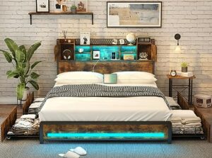 full size led bed frame with storage headboard & 4 drawers, platform metal bed frame with outlets and usb ports, full bed frame with led lights and 2 storage door, no box spring needed, vintage brown