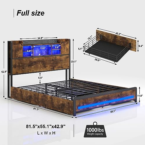 Full Size LED Bed Frame with Storage Headboard & 4 Drawers, Platform Metal Bed Frame with Outlets and USB Ports, Full Bed Frame with LED Lights and 2 Storage Door, No Box Spring Needed, Vintage Brown