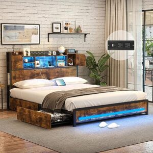 Full Size LED Bed Frame with Storage Headboard & 4 Drawers, Platform Metal Bed Frame with Outlets and USB Ports, Full Bed Frame with LED Lights and 2 Storage Door, No Box Spring Needed, Vintage Brown
