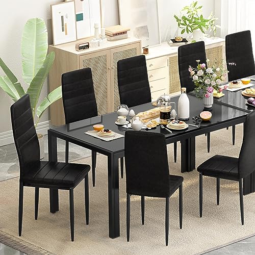 DKLGG 7-Piece Dining Table Set for 6 People, Tempered Glass Kitchen Table Set with 6 PU Leather Chairs, Dining Room Table Set Large Breakfast Table with Metal Frame for Kitchen, Big Family