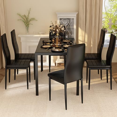 DKLGG 7-Piece Dining Table Set for 6 People, Tempered Glass Kitchen Table Set with 6 PU Leather Chairs, Dining Room Table Set Large Breakfast Table with Metal Frame for Kitchen, Big Family