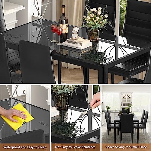 DKLGG 7-Piece Dining Table Set for 6 People, Tempered Glass Kitchen Table Set with 6 PU Leather Chairs, Dining Room Table Set Large Breakfast Table with Metal Frame for Kitchen, Big Family