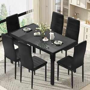 DKLGG 7-Piece Dining Table Set for 6 People, Tempered Glass Kitchen Table Set with 6 PU Leather Chairs, Dining Room Table Set Large Breakfast Table with Metal Frame for Kitchen, Big Family