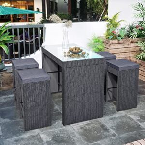 5-piece rattan outdoor patio furniture set bar dining table set with 4 stools, gray cushion+gray wicker