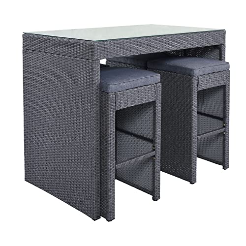 5-Piece Rattan Outdoor Patio Furniture Set Bar Dining Table Set with 4 Stools, Gray Cushion+Gray Wicker