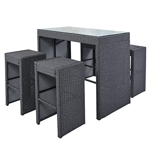 5-Piece Rattan Outdoor Patio Furniture Set Bar Dining Table Set with 4 Stools, Gray Cushion+Gray Wicker