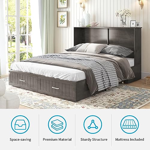 Horgaeo Queen Murphy Bed Cabinet with Mattress, Murphy Cube Cabinet Bed with USB Charging Station and Large Storage Drawer, Murphy Chest Bed for Small Guest Room, Home, Office, Gray