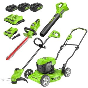 greenworks 48v (2x24v) 19"brushless push lawn mower,2.0ah axial blower (90 mph/320)，10"string trimmer，22"rotating handle hedge trimmer，combo kit w/ (2) 4.0ah batteries, (1) 2.0ah battery & (2)chargers