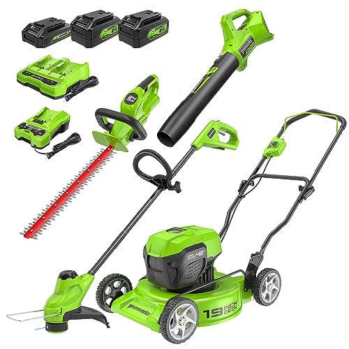 Greenworks 48V (2x24V) 19"Brushless Push Lawn Mower,2.0Ah Axial Blower (90 MPH/320)，10"String Trimmer，22"Rotating Handle Hedge Trimmer，Combo Kit w/ (2) 4.0Ah Batteries, (1) 2.0Ah Battery & (2)Chargers