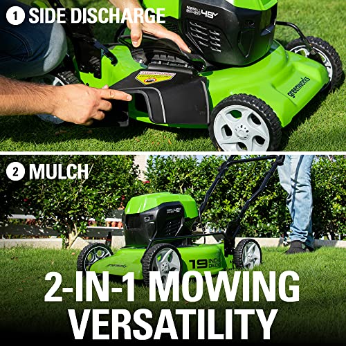 Greenworks 48V (2x24V) 19"Brushless Push Lawn Mower,2.0Ah Axial Blower (90 MPH/320)，10"String Trimmer，22"Rotating Handle Hedge Trimmer，Combo Kit w/ (2) 4.0Ah Batteries, (1) 2.0Ah Battery & (2)Chargers