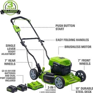 Greenworks 48V (2x24V) 19"Brushless Push Lawn Mower,2.0Ah Axial Blower (90 MPH/320)，10"String Trimmer，22"Rotating Handle Hedge Trimmer，Combo Kit w/ (2) 4.0Ah Batteries, (1) 2.0Ah Battery & (2)Chargers