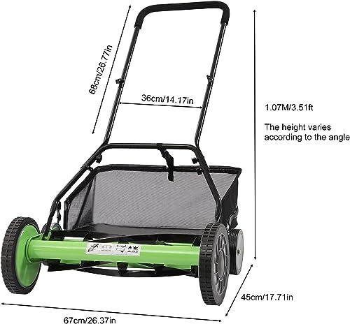 TBVECHI Cordless Manual Lawn Mower with 5-Blades, Adjustable Cutting Handle Height Push Lawn Mower with Grass Catcher, 5381ft2 Grass Cutter (20")