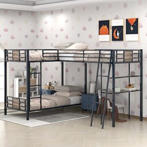 tartop l-shaped twin over twin&twin triple bunk bed with desk and shelf, metal bunkbed linked with a loftbed for 3 people, kids teens bedroom, brown