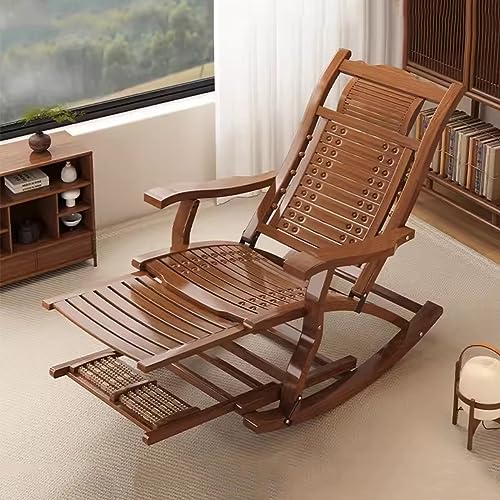 Wooden Folding Rocking Chair Rocking Recliners Bamboo Garden Relax Chair for Adult Elderly,Patio Chairs Footrest and Armrest,Ergonomic Back Adjustable (Color : Without, Size : Walnut)