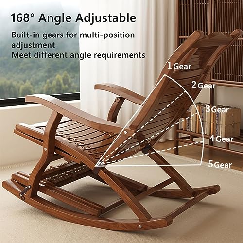 Wooden Folding Rocking Chair Rocking Recliners Bamboo Garden Relax Chair for Adult Elderly,Patio Chairs Footrest and Armrest,Ergonomic Back Adjustable (Color : Without, Size : Walnut)