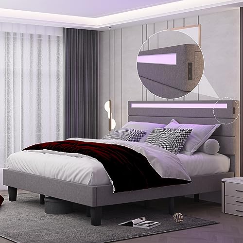 Kallabe Bed Frame Queen Size with Headboard, Upholstered Platform Bed Frame Queen with LED Lights and USB Ports, Linen Fabric Beds with Wooden Slats, No Box Spring Needed, Grey