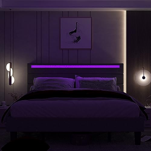 Kallabe Bed Frame Queen Size with Headboard, Upholstered Platform Bed Frame Queen with LED Lights and USB Ports, Linen Fabric Beds with Wooden Slats, No Box Spring Needed, Grey