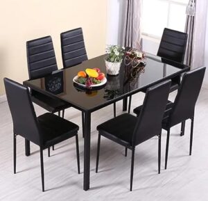 wolfes furniture 5-piece kitchen dining table set for dining room, kitchen, dinette, compact space w/glass tabletop, 4 leather metal frame chairs - black