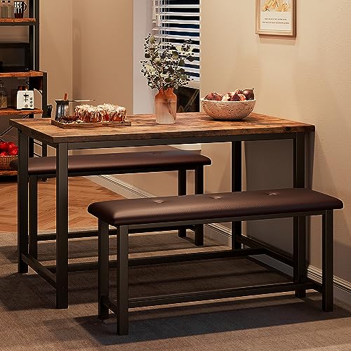 Fancihabor Dining Table Set for 4, Kitchen Table with Benches, Rectangular Dining Room Table Set with Upholstered Benches, 3 Piece Kitchen Table Set for Small Space, Apartment, Rustic Brown