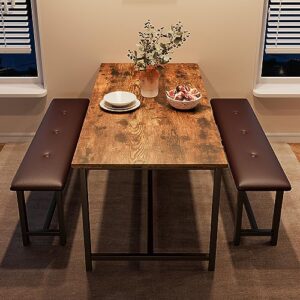 Fancihabor Dining Table Set for 4, Kitchen Table with Benches, Rectangular Dining Room Table Set with Upholstered Benches, 3 Piece Kitchen Table Set for Small Space, Apartment, Rustic Brown