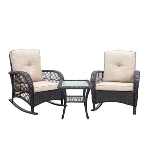 3 pieces outdoor wicker rocker patio bistro set, rocking chairs with tempered glass table side table, outdoor wicker rocking chair with cushions dark brown