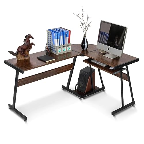 ENGERIO L-Shaped Computer Desk Reversible Office Desk with Keyboard CPU Power Tray Stand Modern Home Office Corner Table Gaming Desk Student Study Bedroom Writing Table (Brown)