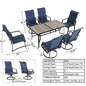 PatioFestival Patio Dining Set swith Swivel Rocker Chairs 7 Pieces High Back Outdoor Furniture 63" Rectangle Table Sets, Blue
