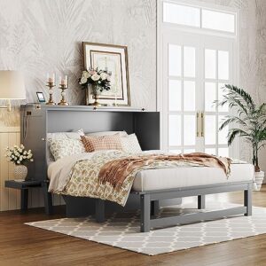 Harper & Bright Designs Queen Size Murphy Bed, Queen Murphy Cabinet Bed with USB Port and Removable Shelves on Each Side, Gray