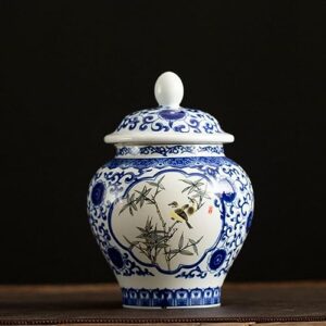 VOSAREA Ceramic Tea Canister with Lid Blue and White Porcelain Sealed Tea Storage Jars Vintage Chinese Tea Tins Can for Spices Coffee Cookie Nuts Cereal Sugar Salt 900ml