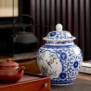 VOSAREA Ceramic Tea Canister with Lid Blue and White Porcelain Sealed Tea Storage Jars Vintage Chinese Tea Tins Can for Spices Coffee Cookie Nuts Cereal Sugar Salt 900ml