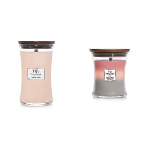 woodwick large hourglass candle, coastal sunset, 21.5 oz & shoreline medium hourglass trilogy candle, 9.7 oz.