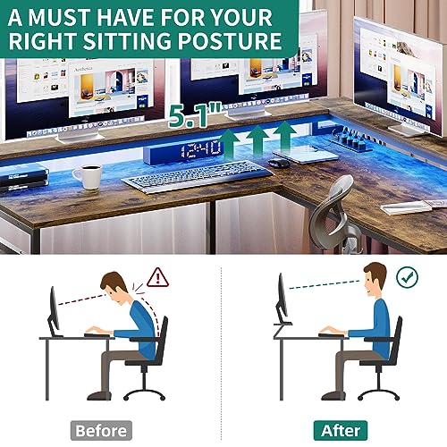 YITAHOME L Shaped Desk with Power Outlets & LED Lights, Reversible Computer Desk with Drawers & Hutch, Corner Desk Office Desk with Monitor Stand, Printer Stand, 2 Person Desk, Rustic Brown