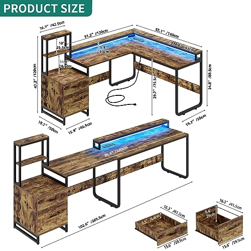 YITAHOME L Shaped Desk with Power Outlets & LED Lights, Reversible Computer Desk with Drawers & Hutch, Corner Desk Office Desk with Monitor Stand, Printer Stand, 2 Person Desk, Rustic Brown