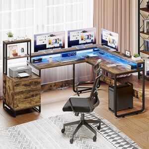 YITAHOME L Shaped Desk with Power Outlets & LED Lights, Reversible Computer Desk with Drawers & Hutch, Corner Desk Office Desk with Monitor Stand, Printer Stand, 2 Person Desk, Rustic Brown