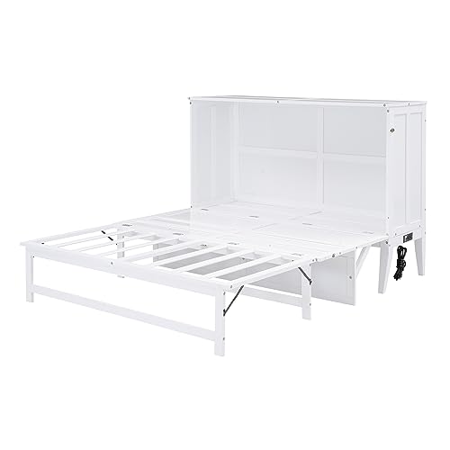 Queen Size Murphy Bed with Built-in Charging Station and Storage Shelf, Multi-Functional Murphy Bed for Kids, Teens Bedroom, Space Saving Design & Easy Assembly (White)