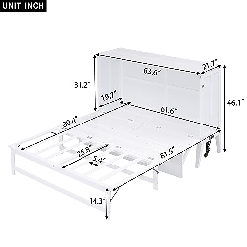 Queen Size Murphy Bed with Built-in Charging Station and Storage Shelf, Multi-Functional Murphy Bed for Kids, Teens Bedroom, Space Saving Design & Easy Assembly (White)