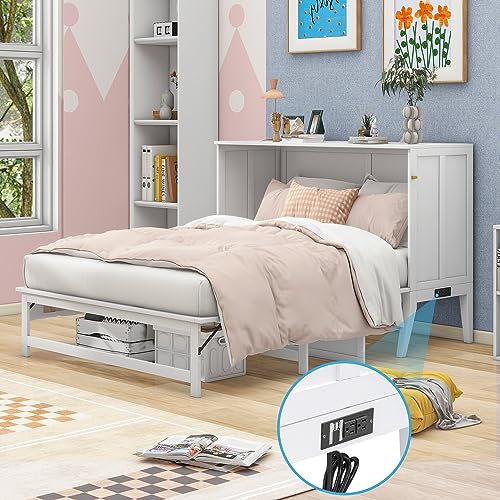 Queen Size Murphy Bed with Built-in Charging Station and Storage Shelf, Multi-Functional Murphy Bed for Kids, Teens Bedroom, Space Saving Design & Easy Assembly (White)