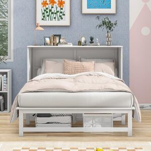 Queen Size Murphy Bed with Built-in Charging Station and Storage Shelf, Multi-Functional Murphy Bed for Kids, Teens Bedroom, Space Saving Design & Easy Assembly (White)