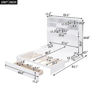 Queen Size Murphy Bed with Bookcase, Bedside Shelves and a Big Drawer, Multi-Functional Murphy Bed for Kids, Teens Bedroom, Space Saving Design & Easy Assembly (White-)