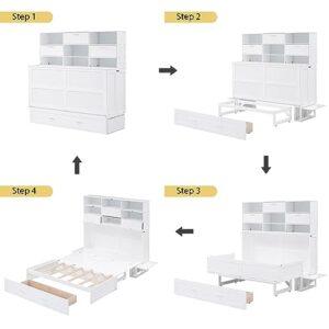 Queen Size Murphy Bed with Bookcase, Bedside Shelves and a Big Drawer, Multi-Functional Murphy Bed for Kids, Teens Bedroom, Space Saving Design & Easy Assembly (White-)