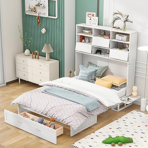 Queen Size Murphy Bed with Bookcase, Bedside Shelves and a Big Drawer, Multi-Functional Murphy Bed for Kids, Teens Bedroom, Space Saving Design & Easy Assembly (White-)