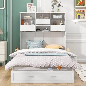 Queen Size Murphy Bed with Bookcase, Bedside Shelves and a Big Drawer, Multi-Functional Murphy Bed for Kids, Teens Bedroom, Space Saving Design & Easy Assembly (White-)