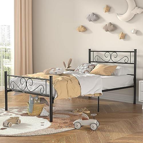 VECELO Twin Size Bed Frame with Headboard, 14 Inch Metal Platform Mattress Foundation, No Boxing Spring Needed, Squeak Resistant, Easy Assembly, Black