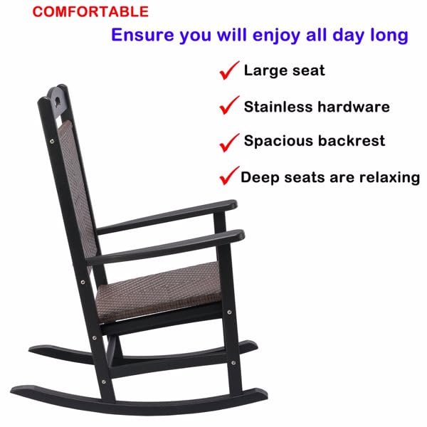 INXXCOROO 44" L x 22" W x 41" H Lumber 300lb Capacity All-Weather Rattan Style High-Back Rocking Chair for Patio Garden Yard