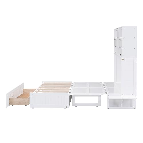 Polibi Queen Size Murphy Bed, Convertible Cabinet Bed with Bookcase, Storage Shelves and Big Drawer, White