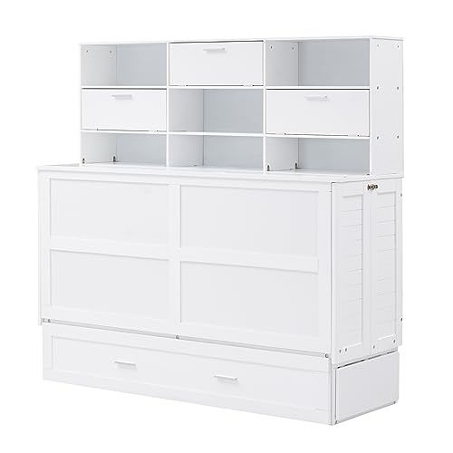 Polibi Queen Size Murphy Bed, Convertible Cabinet Bed with Bookcase, Storage Shelves and Big Drawer, White